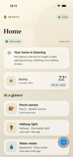 Hearth's app on a phone: a home's rooms and its people, at a glance.