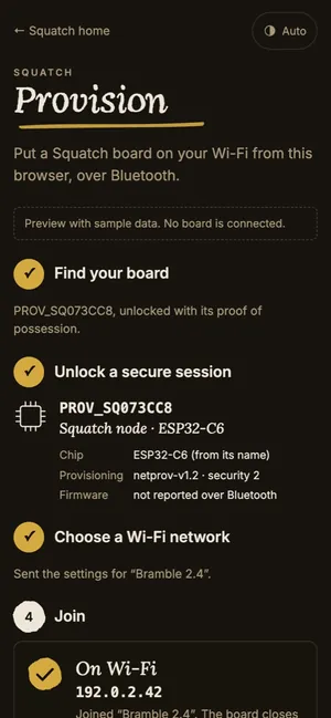 Squatch Provision on a phone: find your board, unlock a secure session and choose a Wi-Fi network, each step ticked
