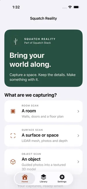 Squatch Reality on a phone, offering a room, a surface or an object to scan