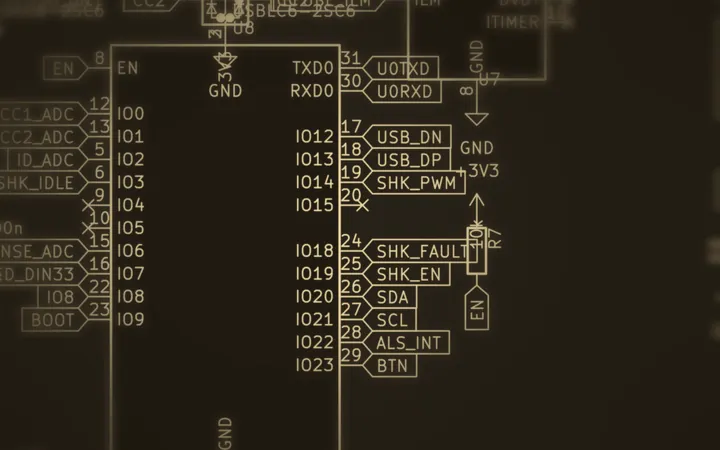 Part of the prompt light's schematic, gold on dark: the radio module's pins for the bed shaker, the light sensor and the button.