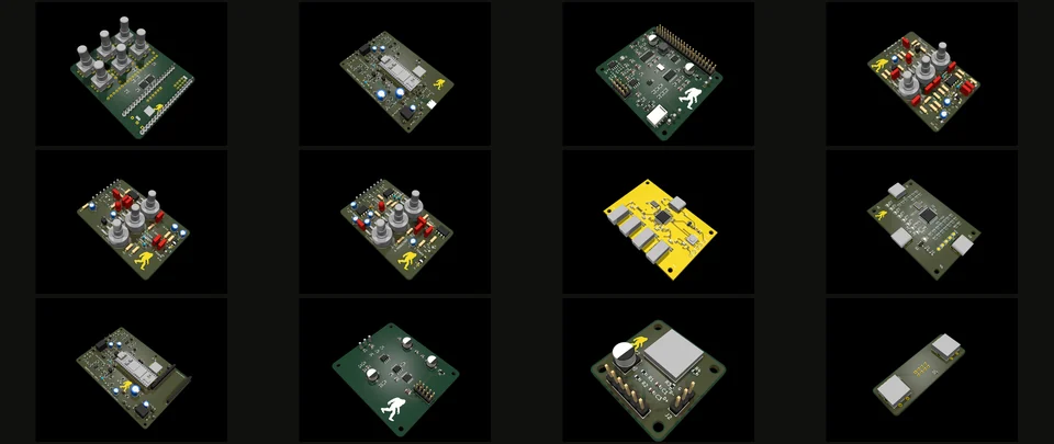 Twelve ray-traced circuit boards tiled in a grid, each rendered from its CAD file