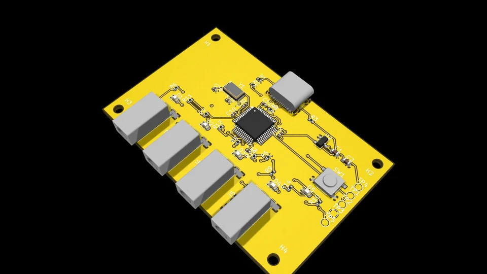 The switchbridge board: four 3.5 mm jacks along one edge, a USB-C receptacle on the other