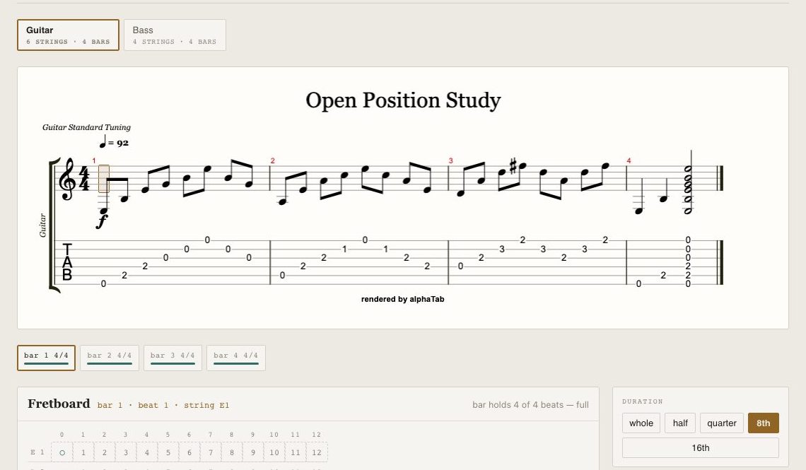 The Fretwright editor: a four-bar guitar score with its tab underneath and a fretboard below