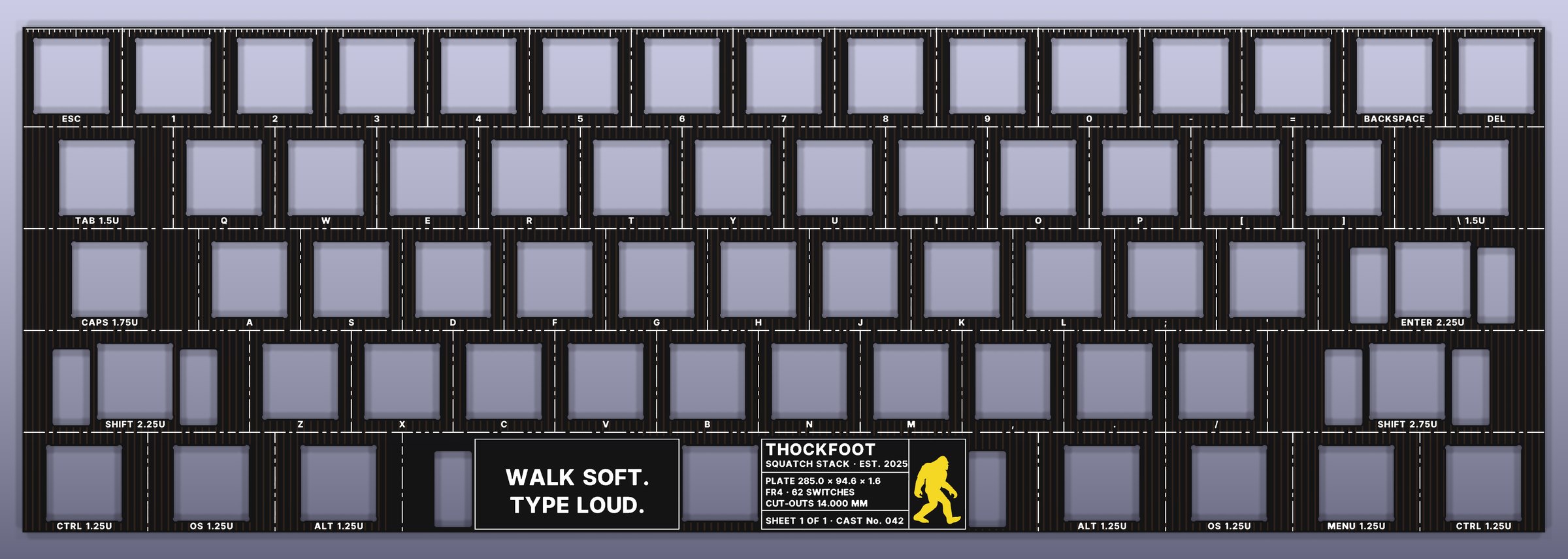 Thockfoot’s flagship plate from above: each key’s name in white beside its opening, Walk soft. Type loud. in the space bar row, and a maker’s plate with the walking mark in gold