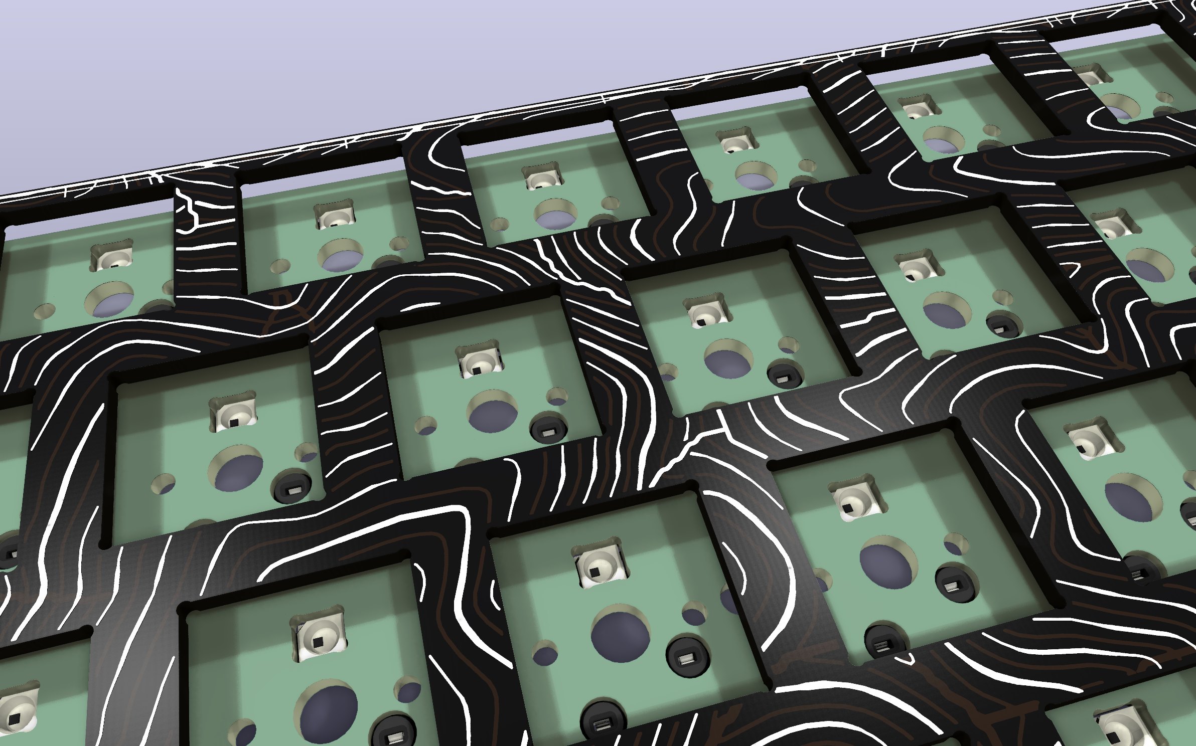 Close over a keyboard circuit board: the black Trailcast plate on top, its white contour lines running between the square switch openings, with the green board, key lights and sockets showing through