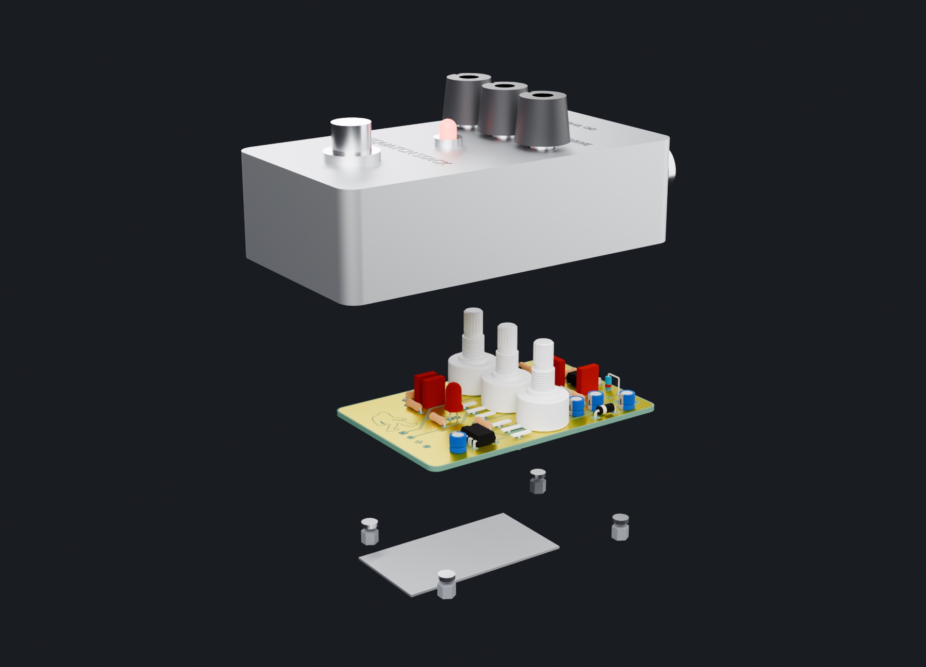 A pedal enclosure shown exploded: lid, circuit board and base plate floating apart
