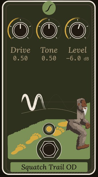 Squatch Trail OD as the rig draws it: drive, tone and level knobs above the Founder striding up a green hill