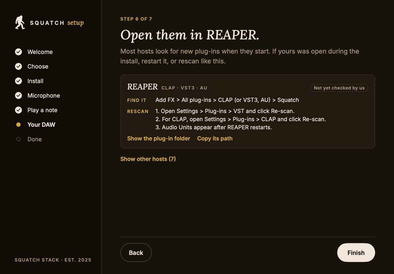 Squatch Setup's DAW card for REAPER in the dark theme, with where to find the plug-ins and how to rescan