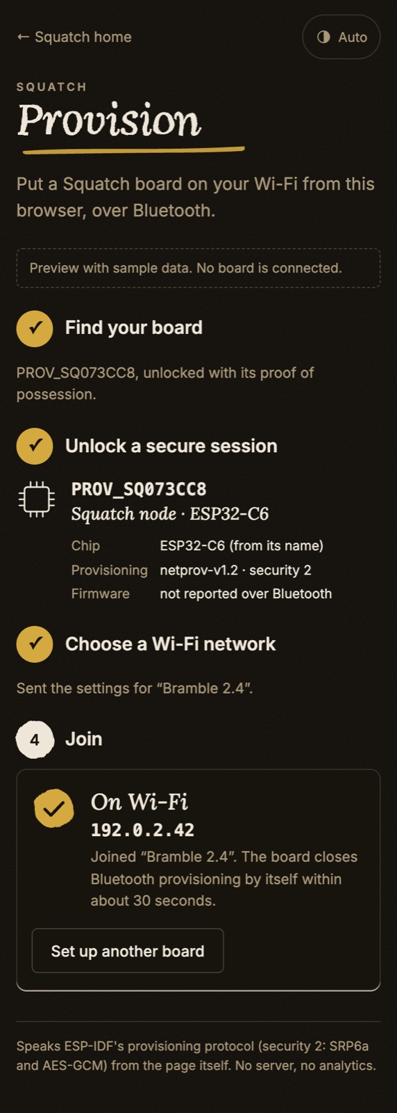 Three setup steps on a dark screen: find your board, unlock a secure session, choose a Wi-Fi network