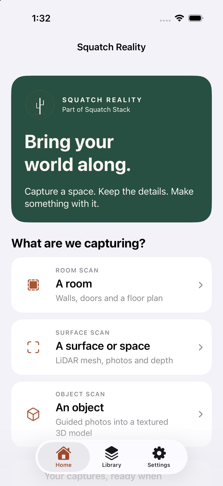 The Squatch Reality home screen offering room, surface and object capture