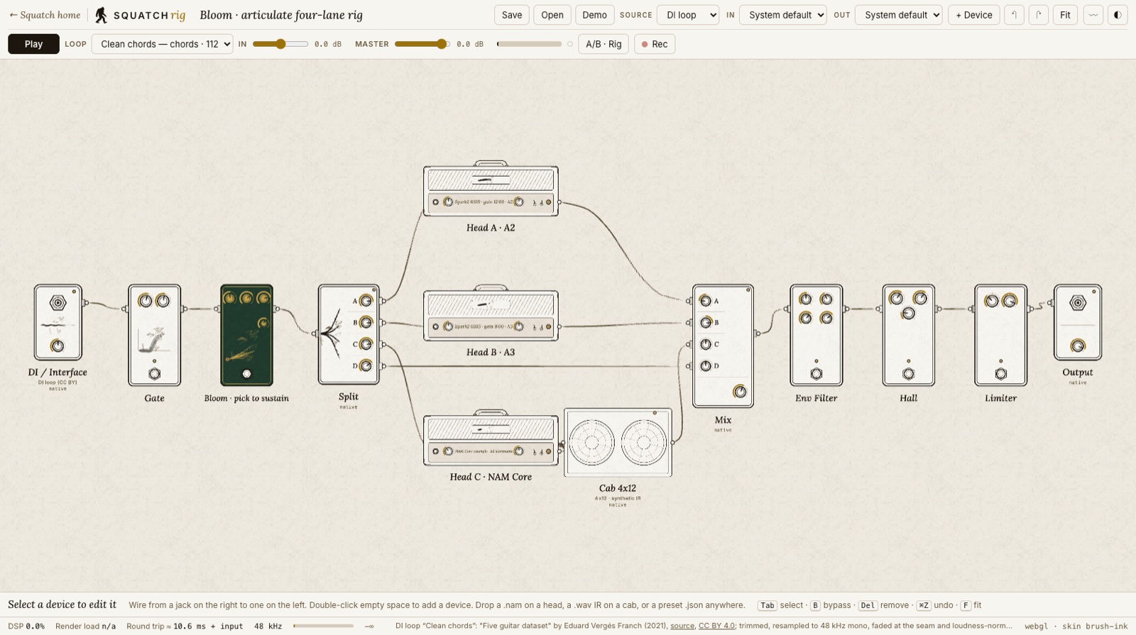 The Squatch Rig web page: a chain of amps, pedals and a cabinet connected on a canvas