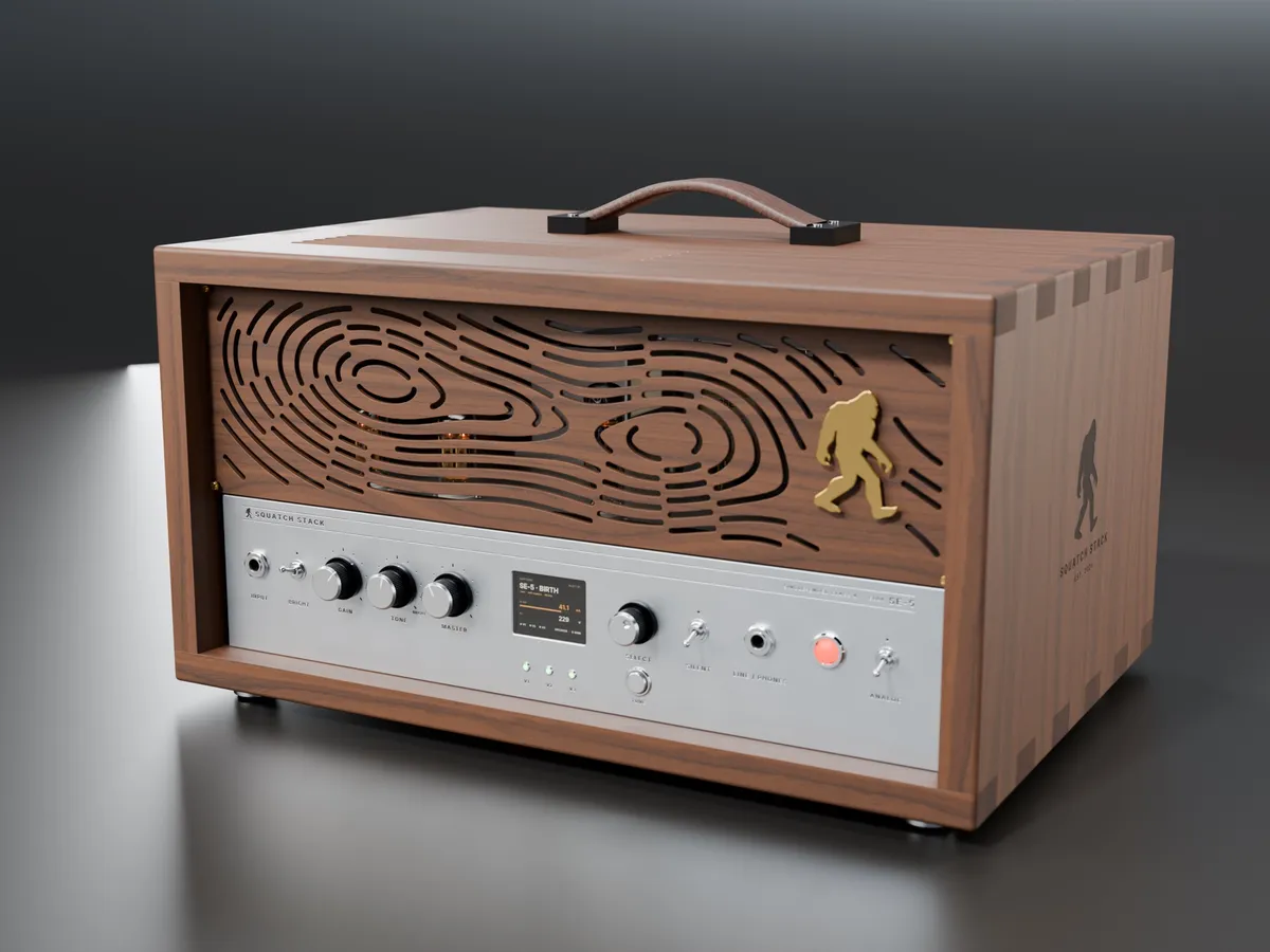The SE-5 amp head from the front: walnut case, cut grille, brushed panel with knobs and a small screen