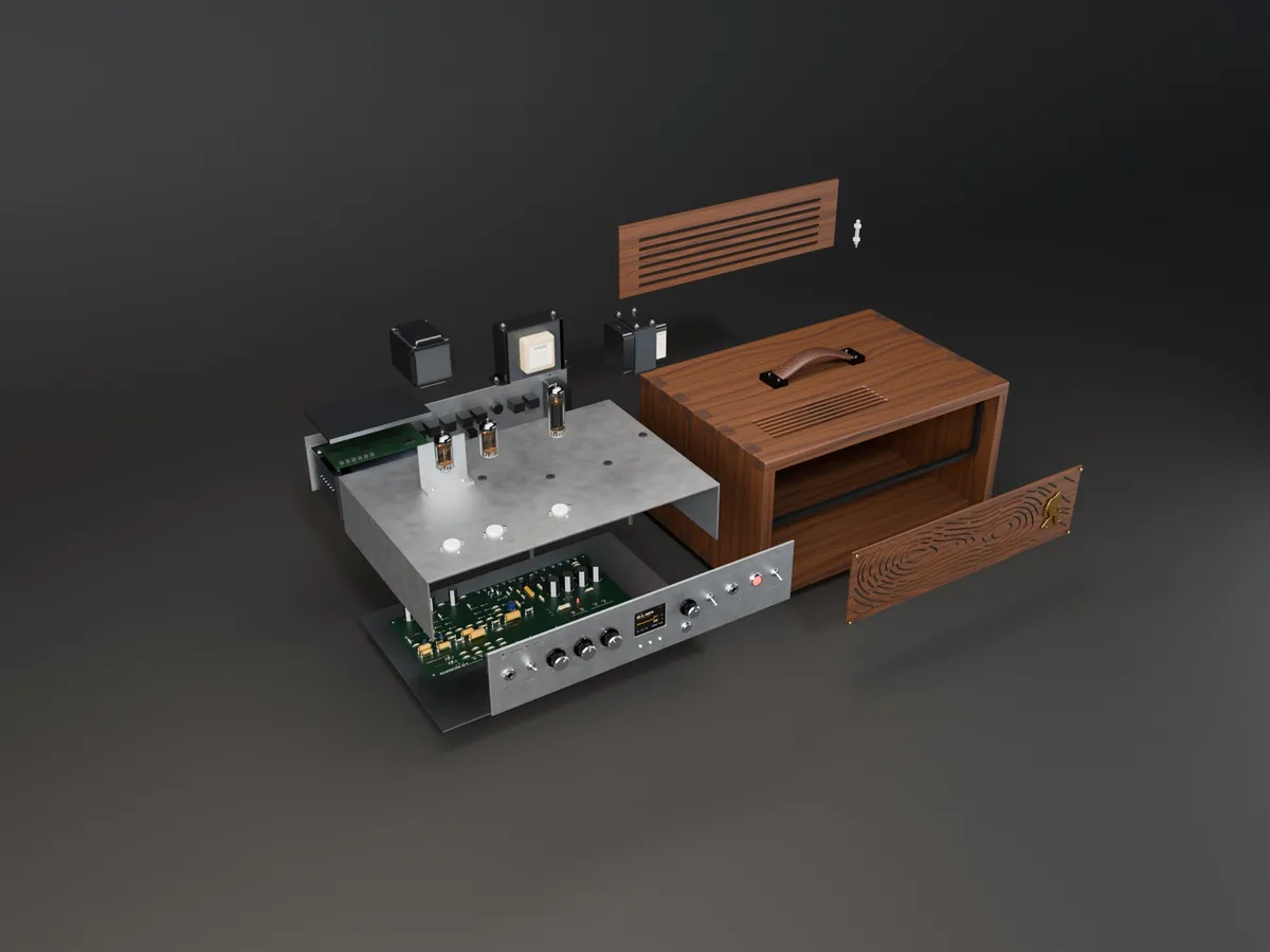 The SE-5 drawn in pieces: the walnut case and grille to one side, the chassis with its tubes and transformers, and the front panel with a circuit board below