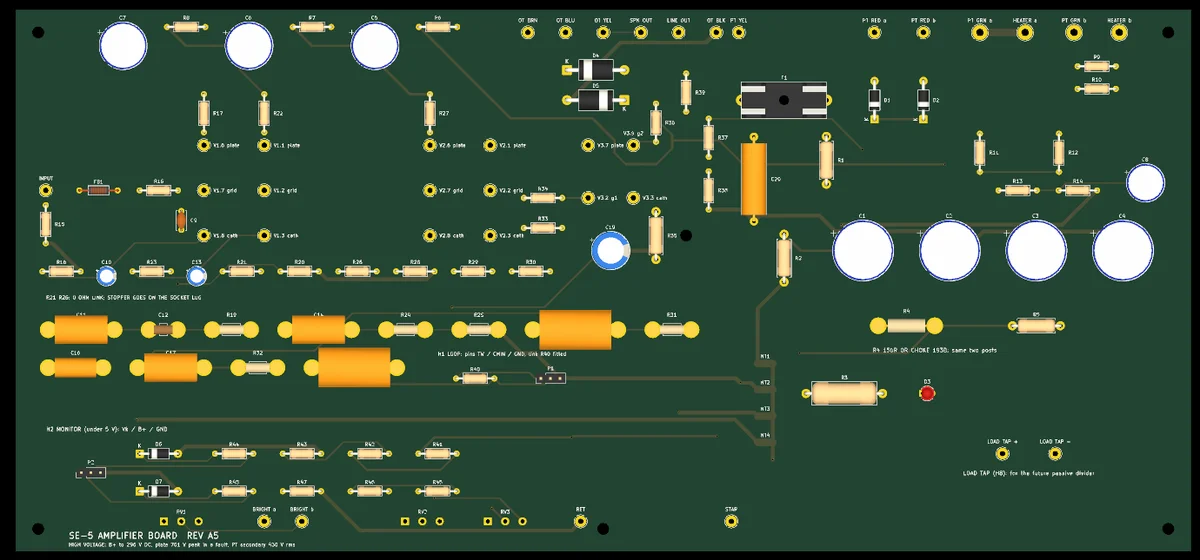 The SE-5 circuit board rev A5 from above: a dark green board with tube-socket pads, large capacitors and resistors, and its labels in white