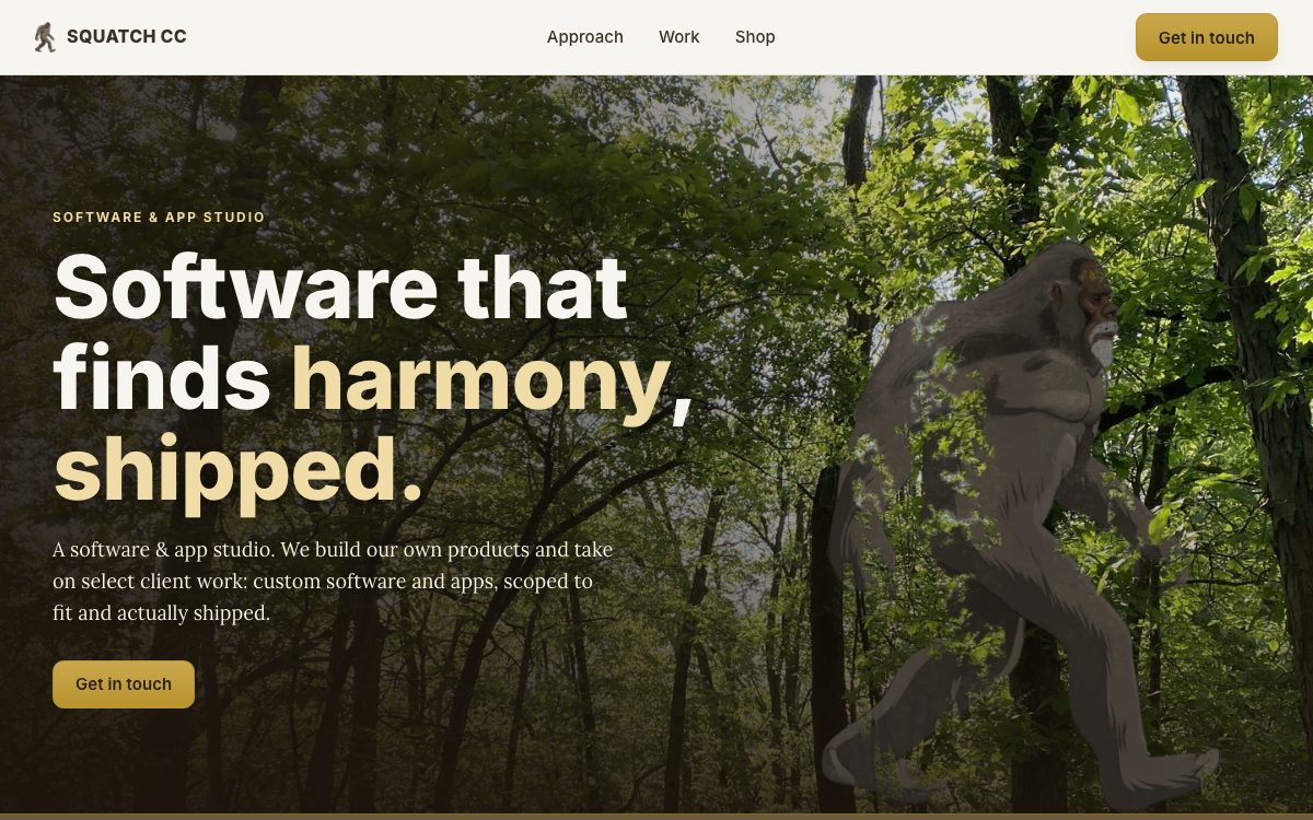 The squatch.cc home page: a forest, a headline and a button