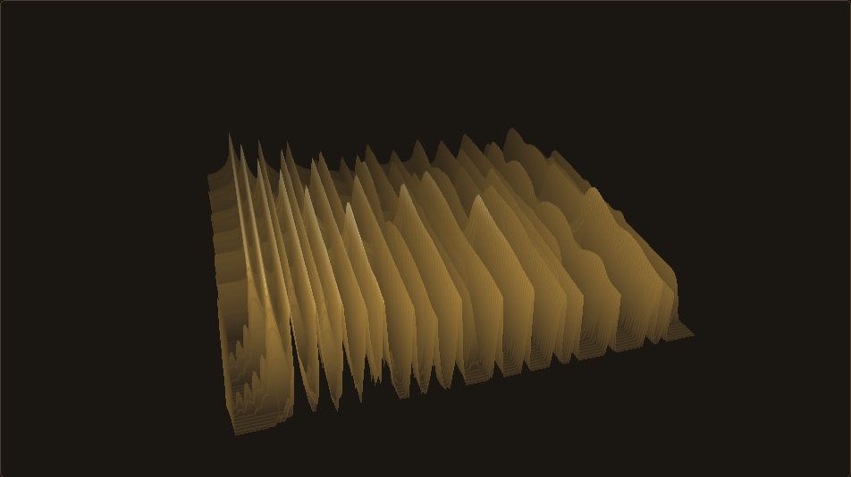 A rolling 3D spectrogram in gold on a dark background: the harmonics of a plucked string rise as ridges