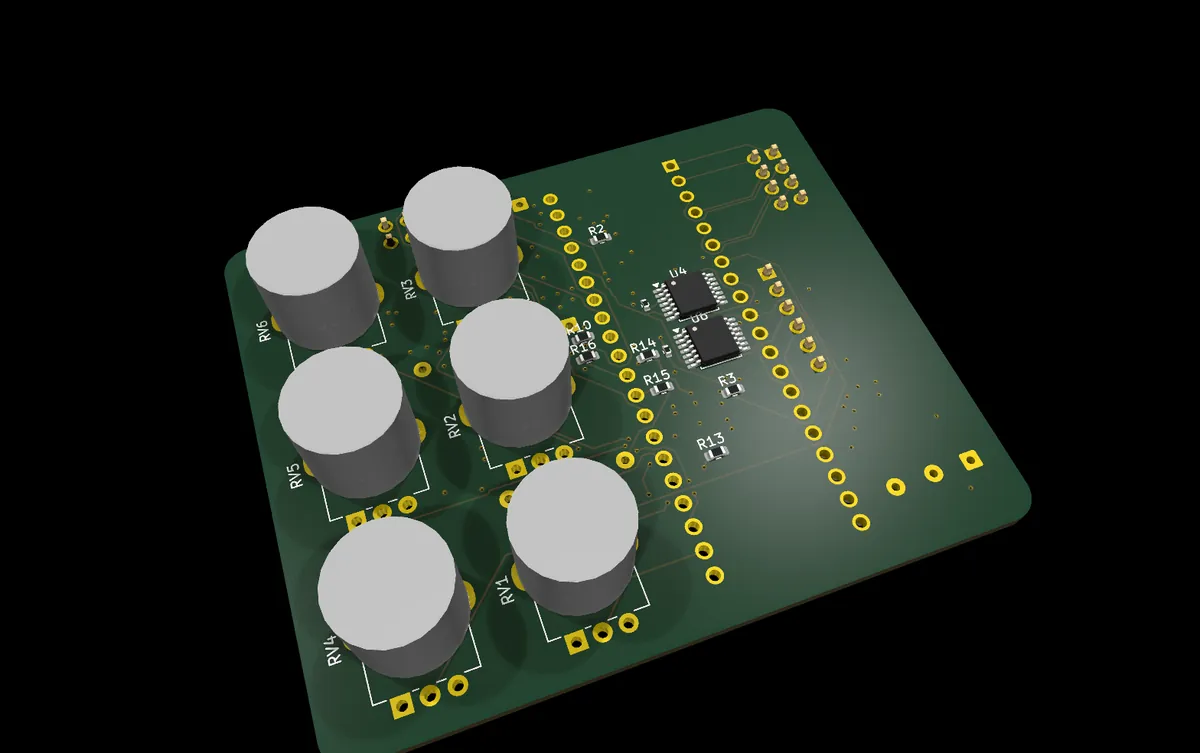 A pedal board with large potentiometers, drawn from its design file